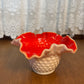 Vintage Ruffle Top Hobnail Milk Glass & Red Interior Art Glass Bowl