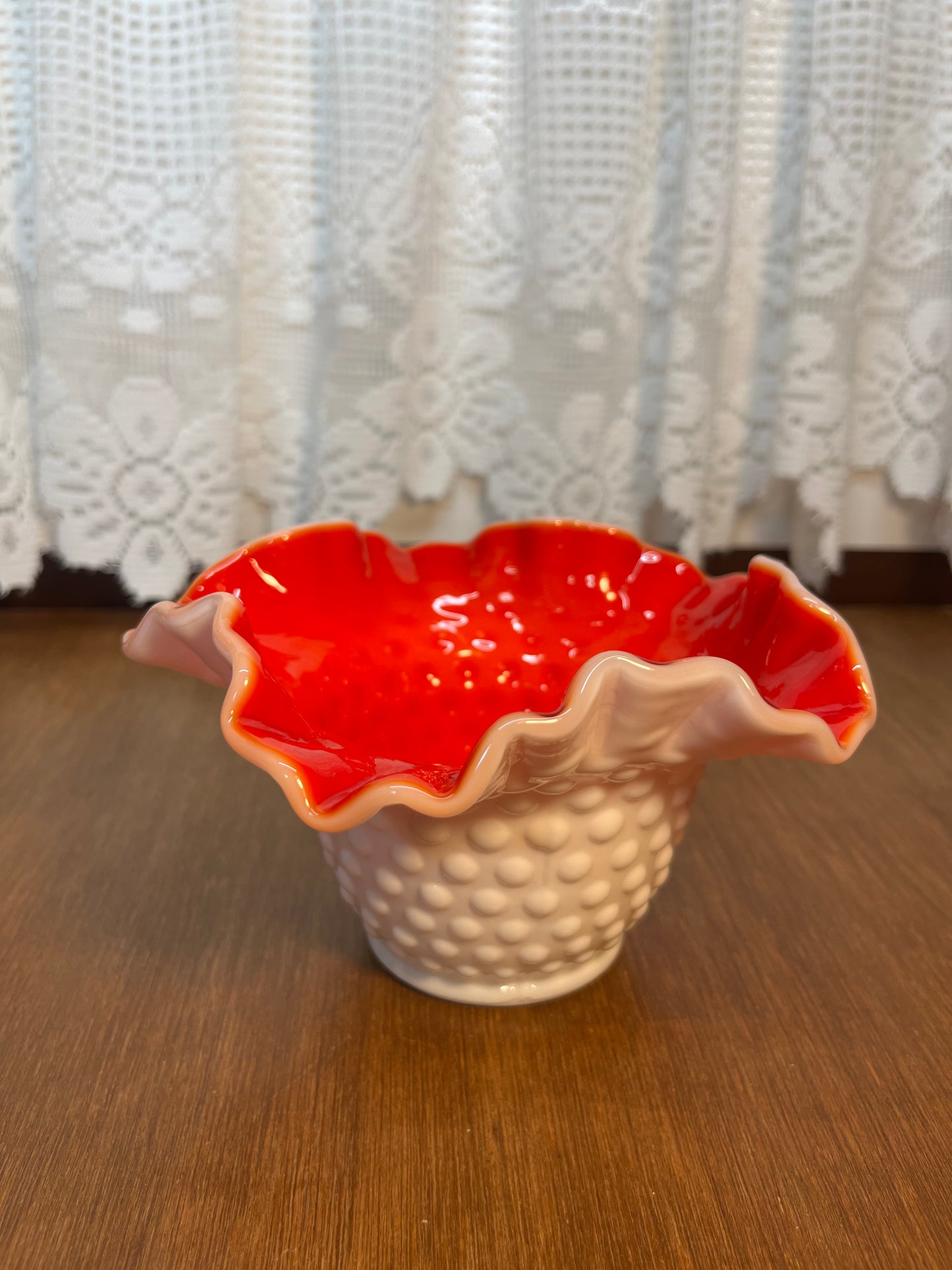 Vintage Ruffle Top Hobnail Milk Glass & Red Interior Art Glass Bowl