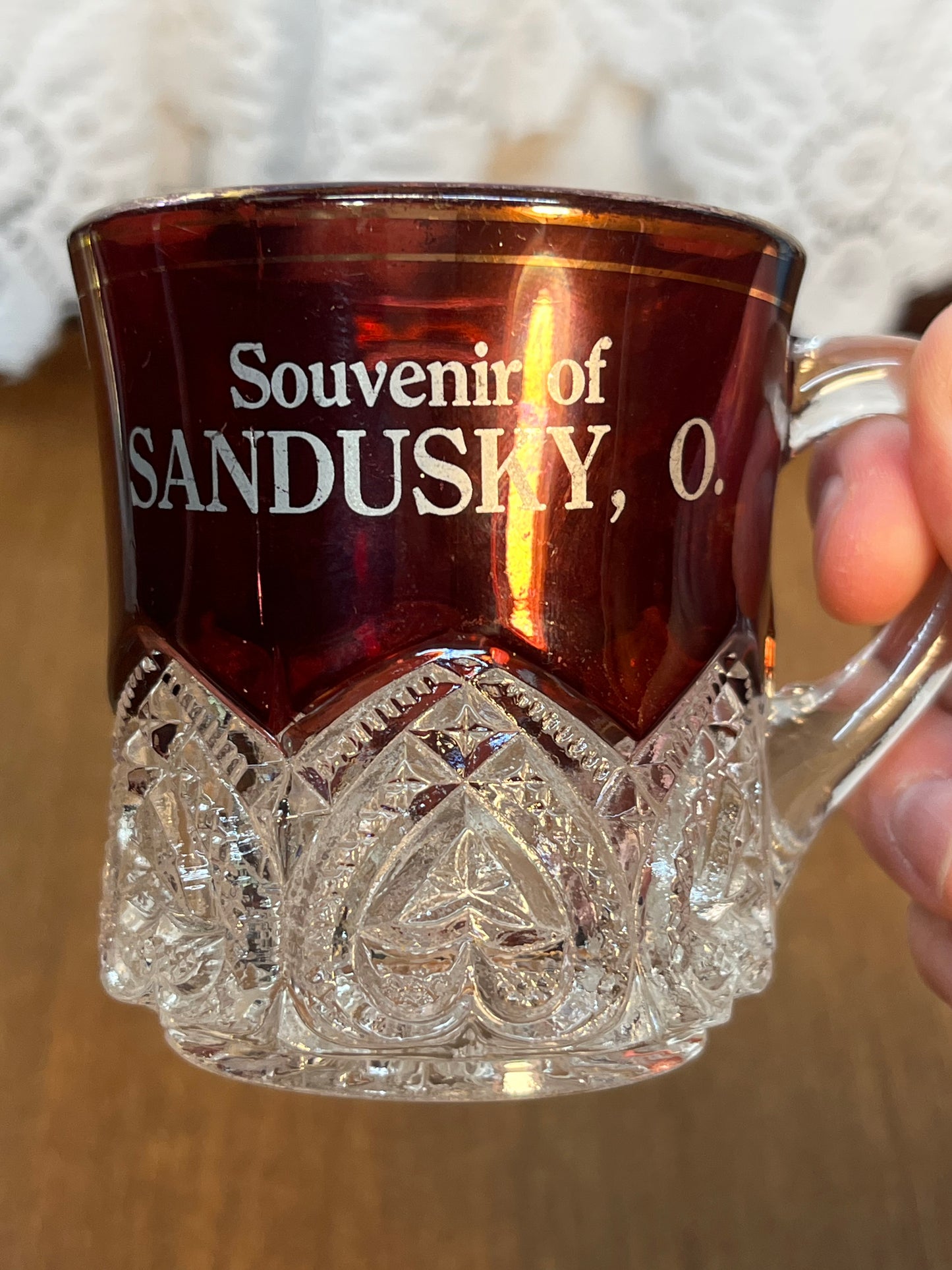 Vintage Collectible Ruby Stained Sandusky, Ohio Souvenir Glass