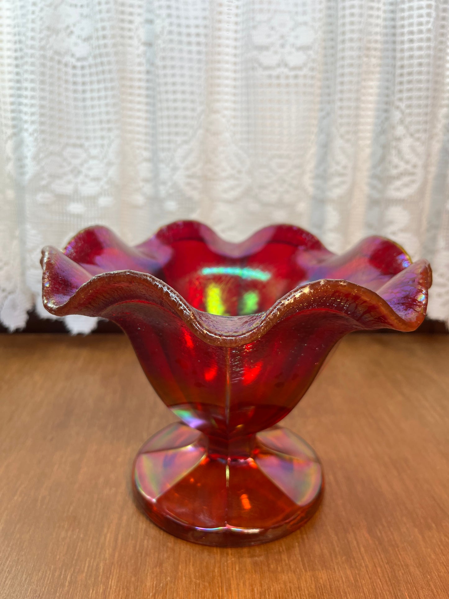 Vintage Amberina Fenton Carnival Glass Pedestal Ruffle Top Dish