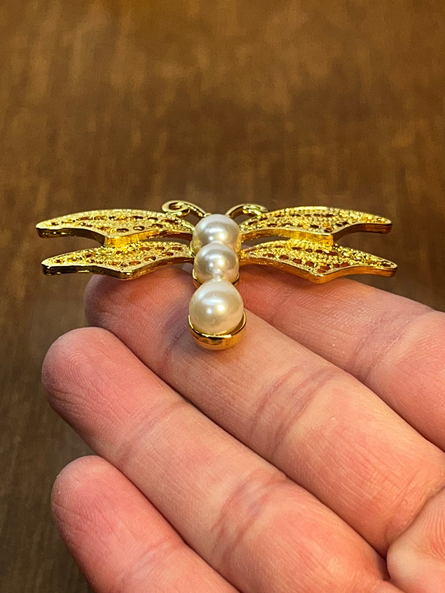 Vintage Gold Tone & Pearl Dragon Fly Brooch