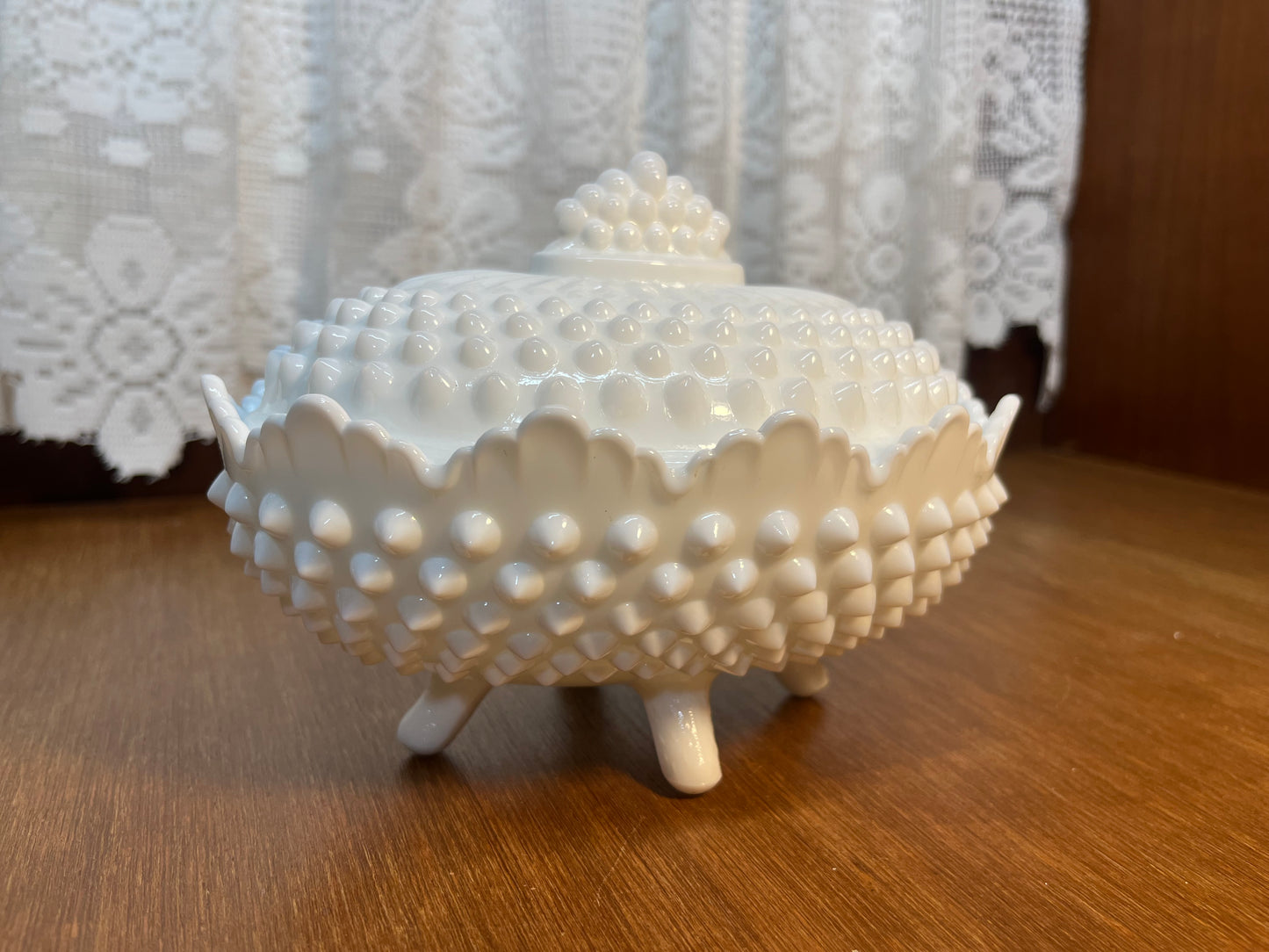 Vintage Milk Glass Hobnail Fenton Oval Covered Candy Bowl