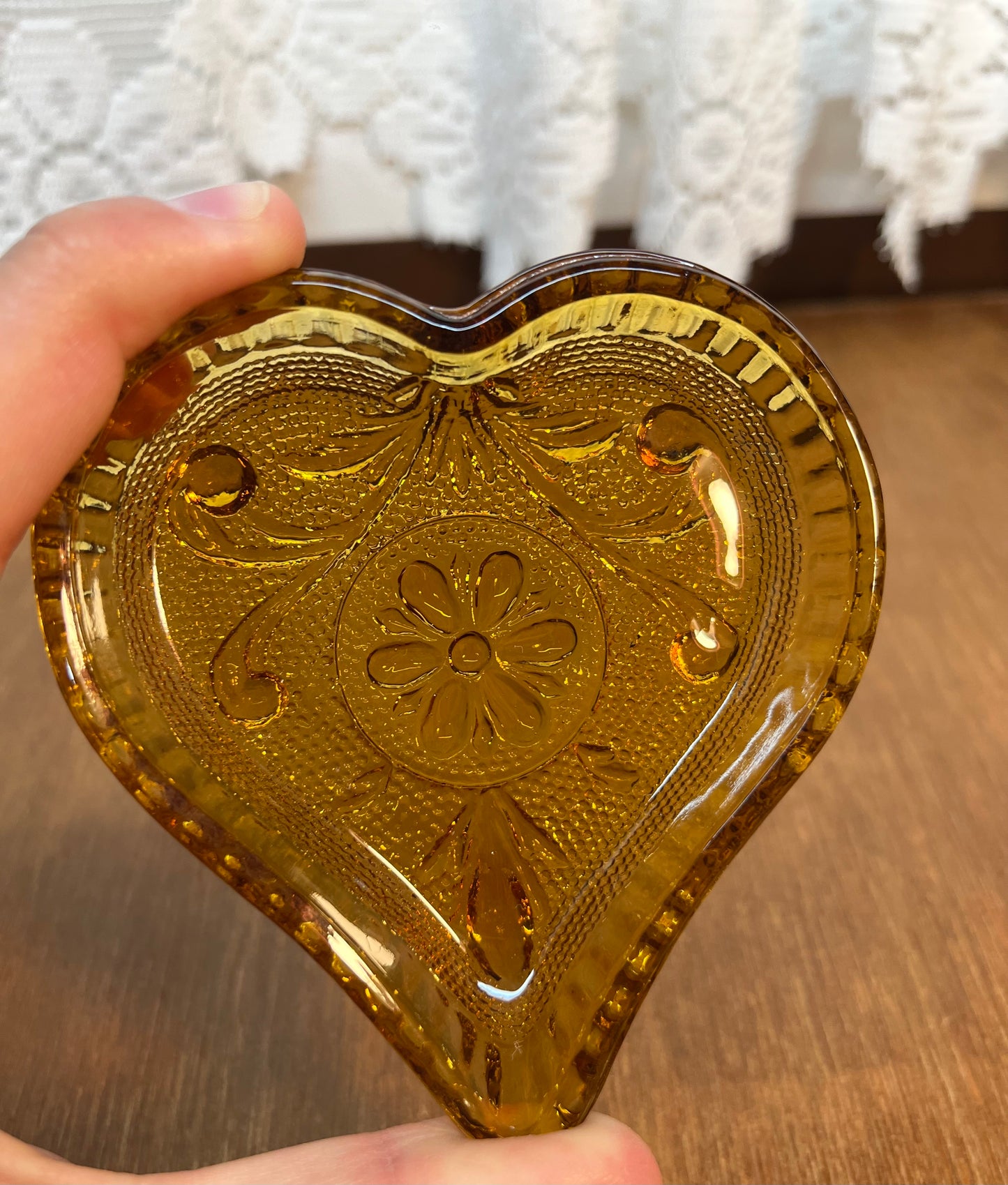 Vintage Amber Tiara Glass Heart Trinket