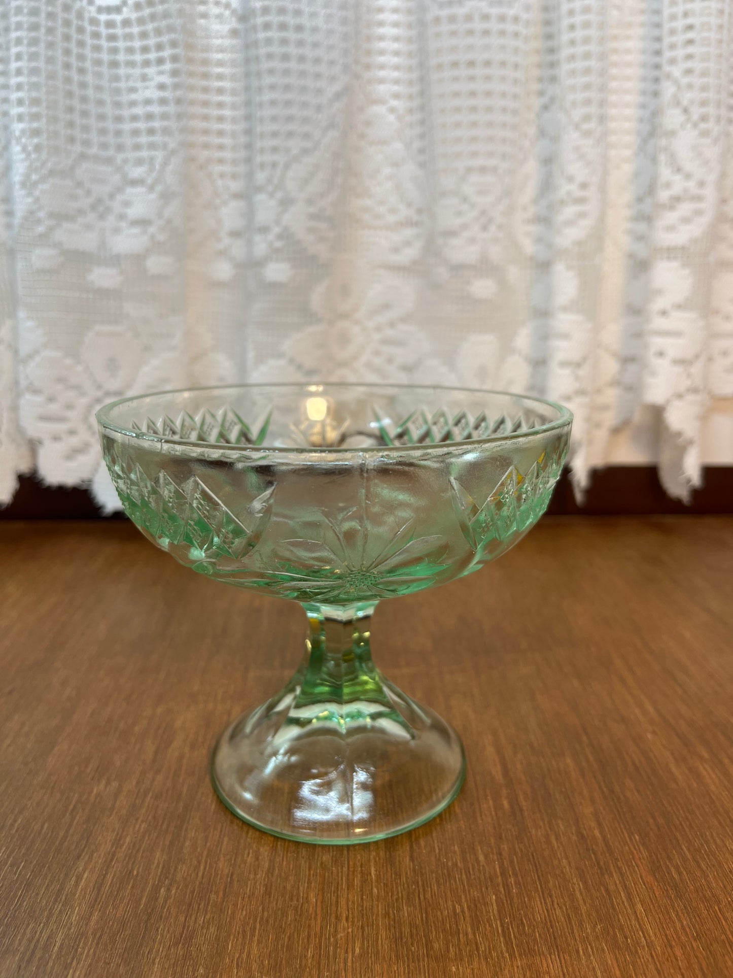 Vintage Uranium Floral Etched Pedestal Dish