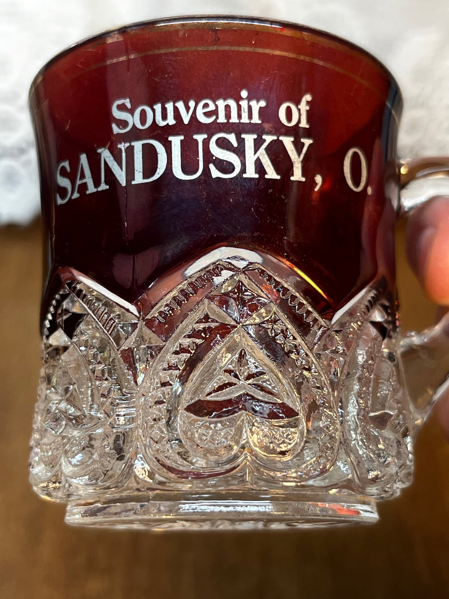 Vintage Collectible Ruby Stained Sandusky, Ohio Souvenir Glass