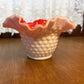 Vintage Ruffle Top Hobnail Milk Glass & Red Interior Art Glass Bowl