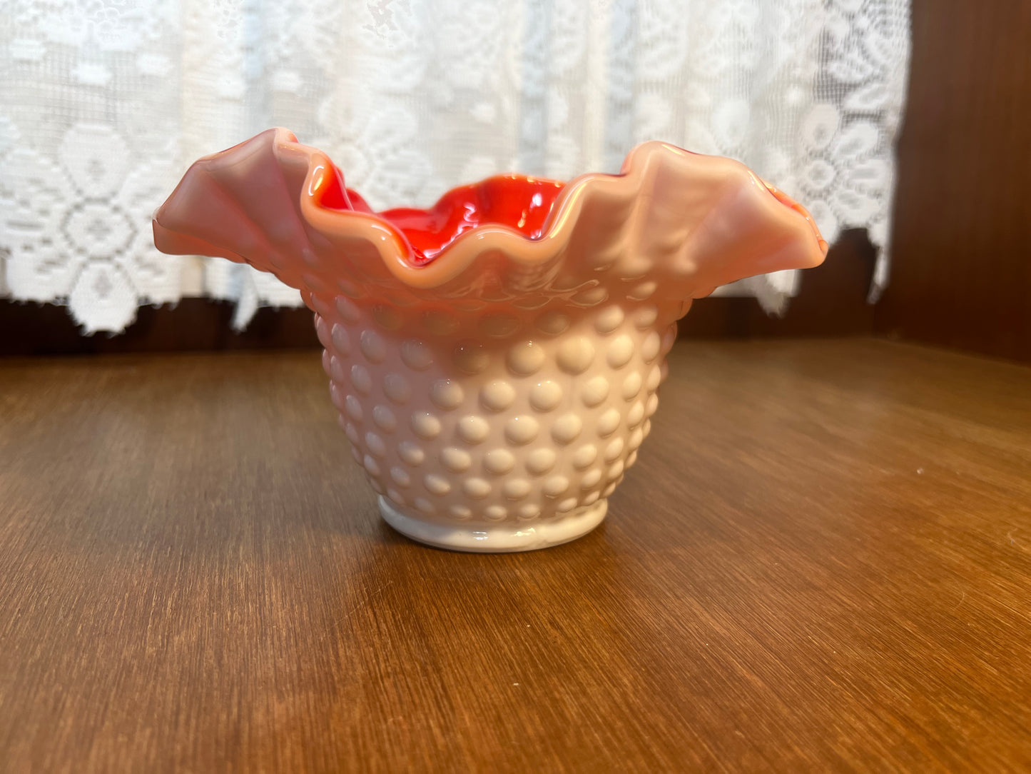 Vintage Ruffle Top Hobnail Milk Glass & Red Interior Art Glass Bowl