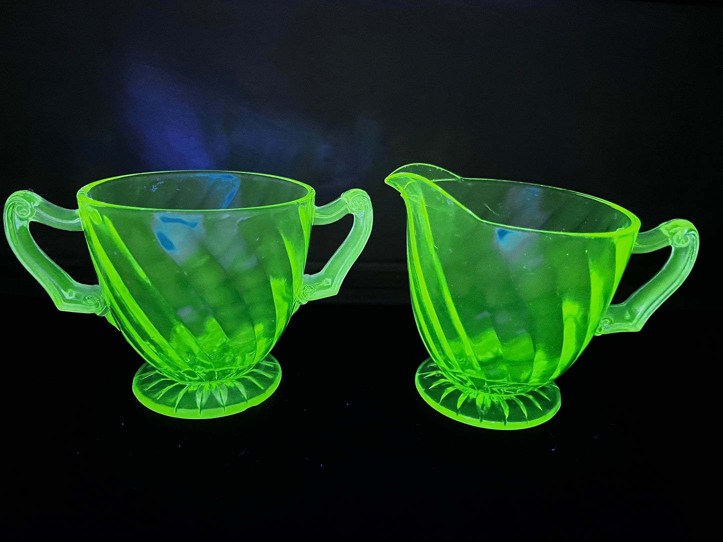 Vintage Spiral Uranium Glass Cream And Sugar Set