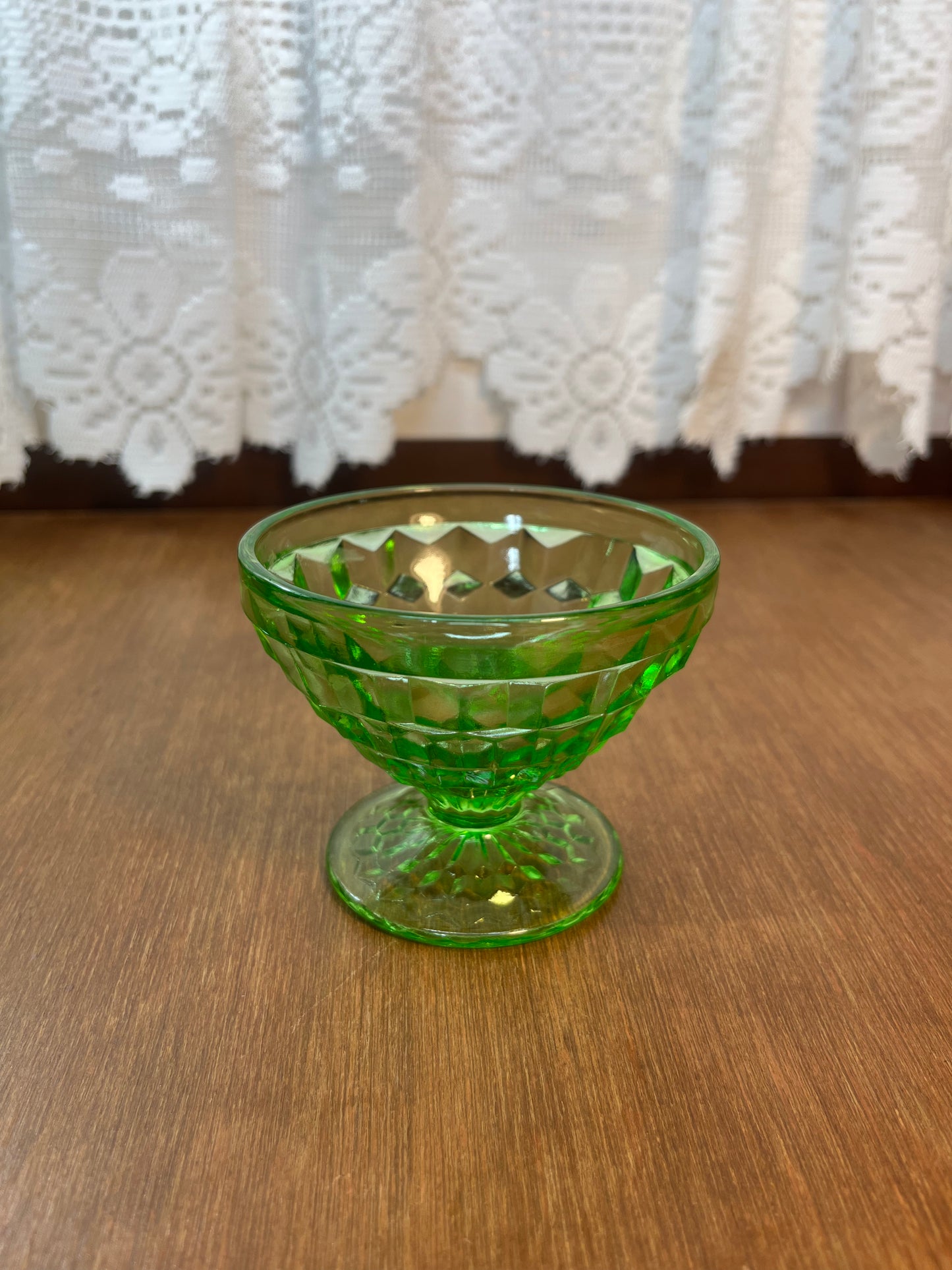 Vintage Uranium Glass Diamond Pattern Sherbet Dish