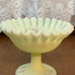 Vintage Uranium Ruffle Top Fenton Embossed Floral Design Pedestal Dish