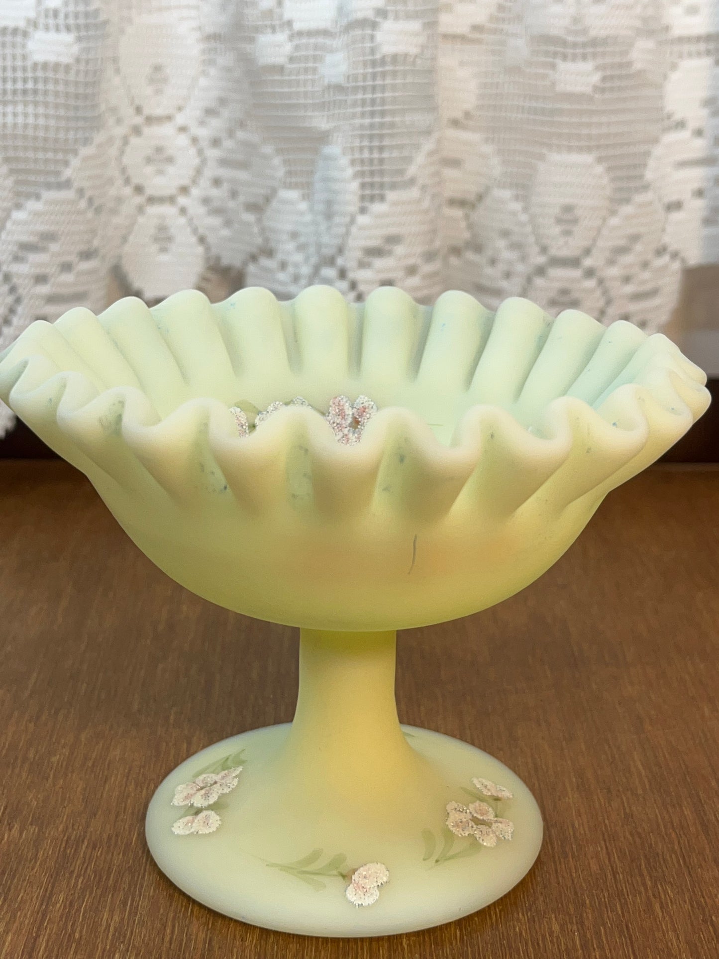 Vintage Uranium Ruffle Top Fenton Embossed Floral Design Pedestal Dish