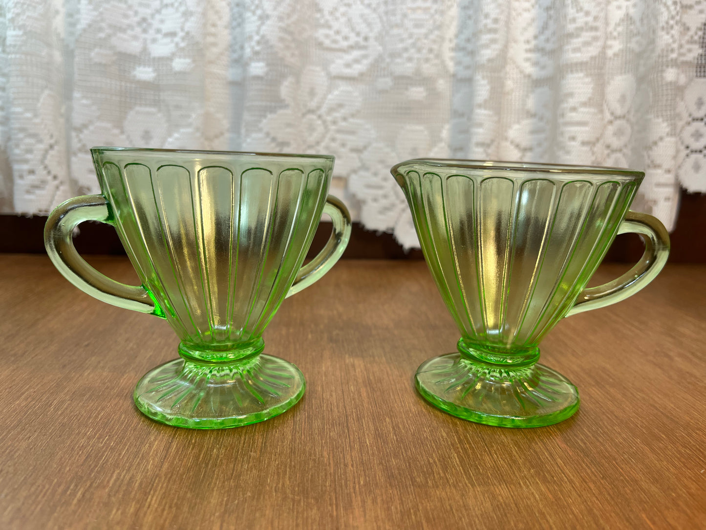 Vintage Panel Pattern Uranium Glass Cream And Sugar Set