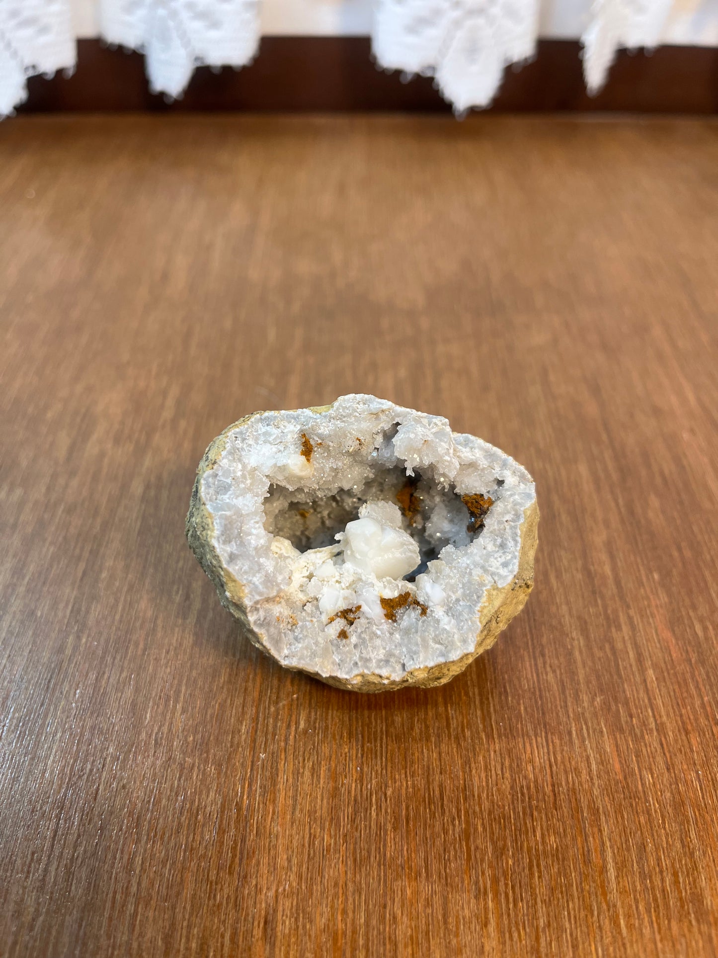 Unique White Geode With Brown & White Minerals And Crystals Inside