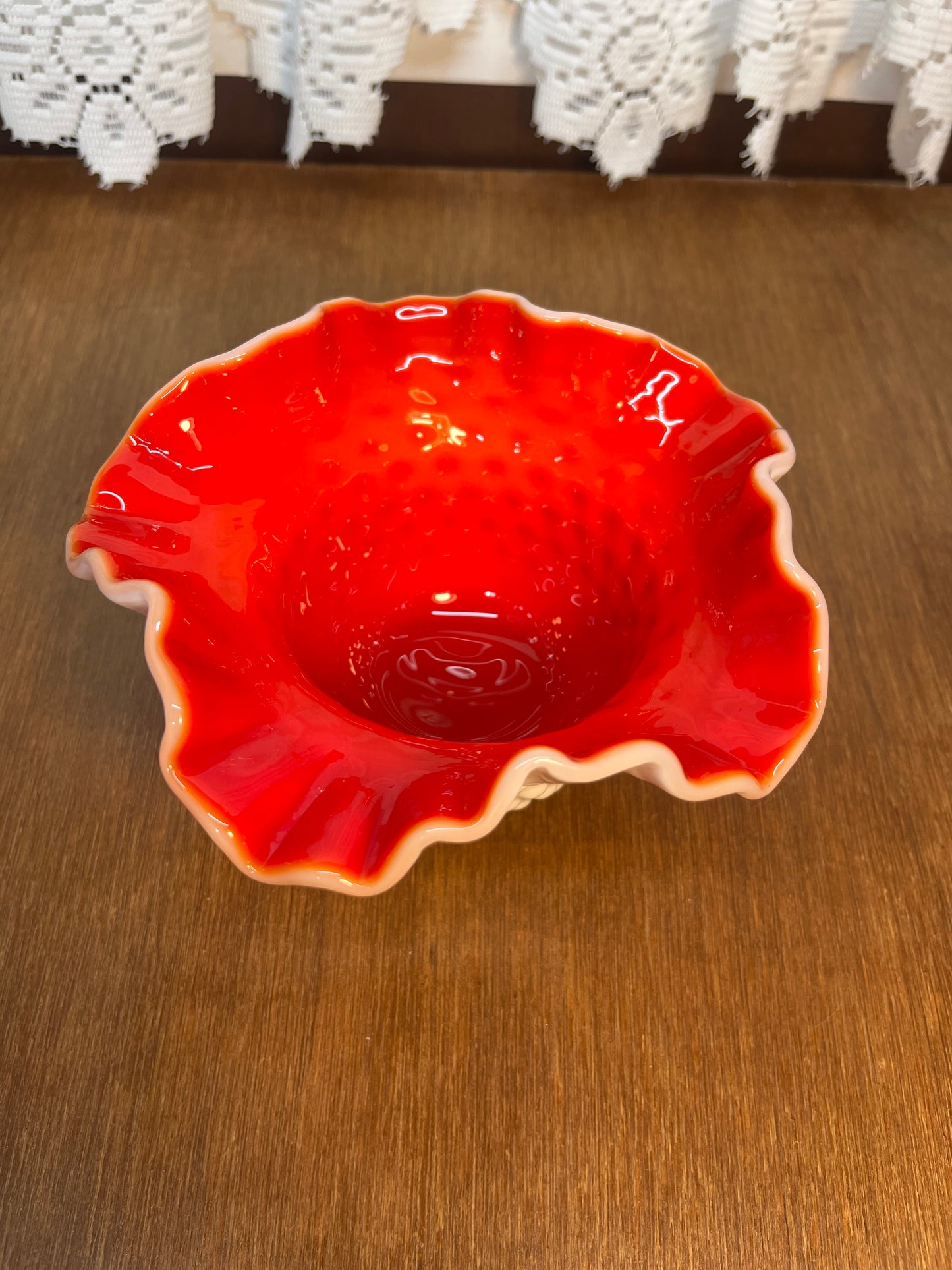 Vintage Ruffle Top Hobnail Milk Glass & Red Interior Art Glass Bowl