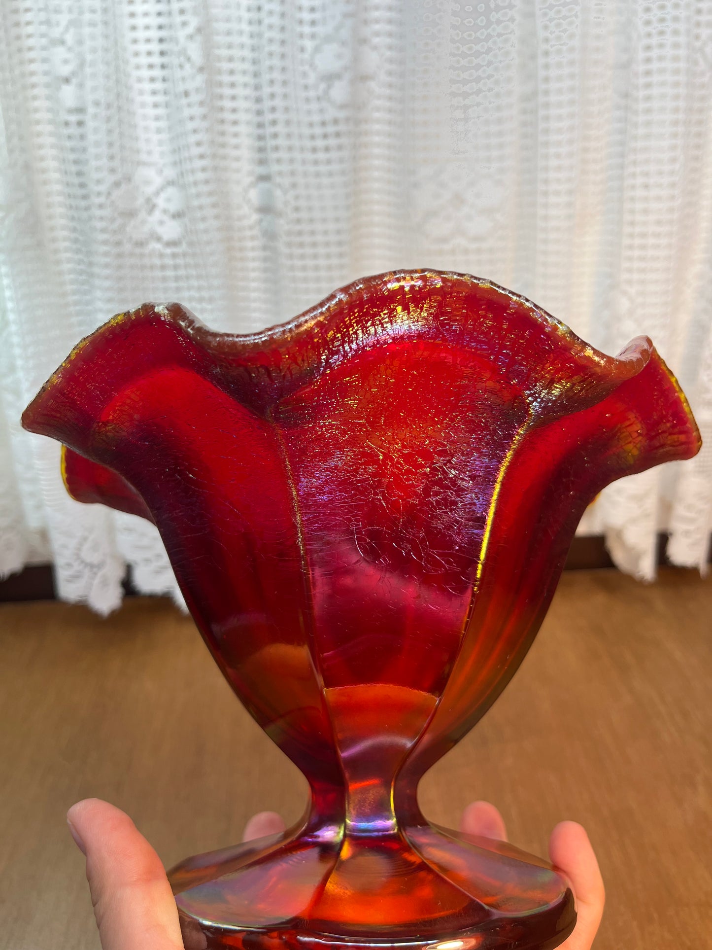 Vintage Amberina Fenton Carnival Glass Pedestal Ruffle Top Dish