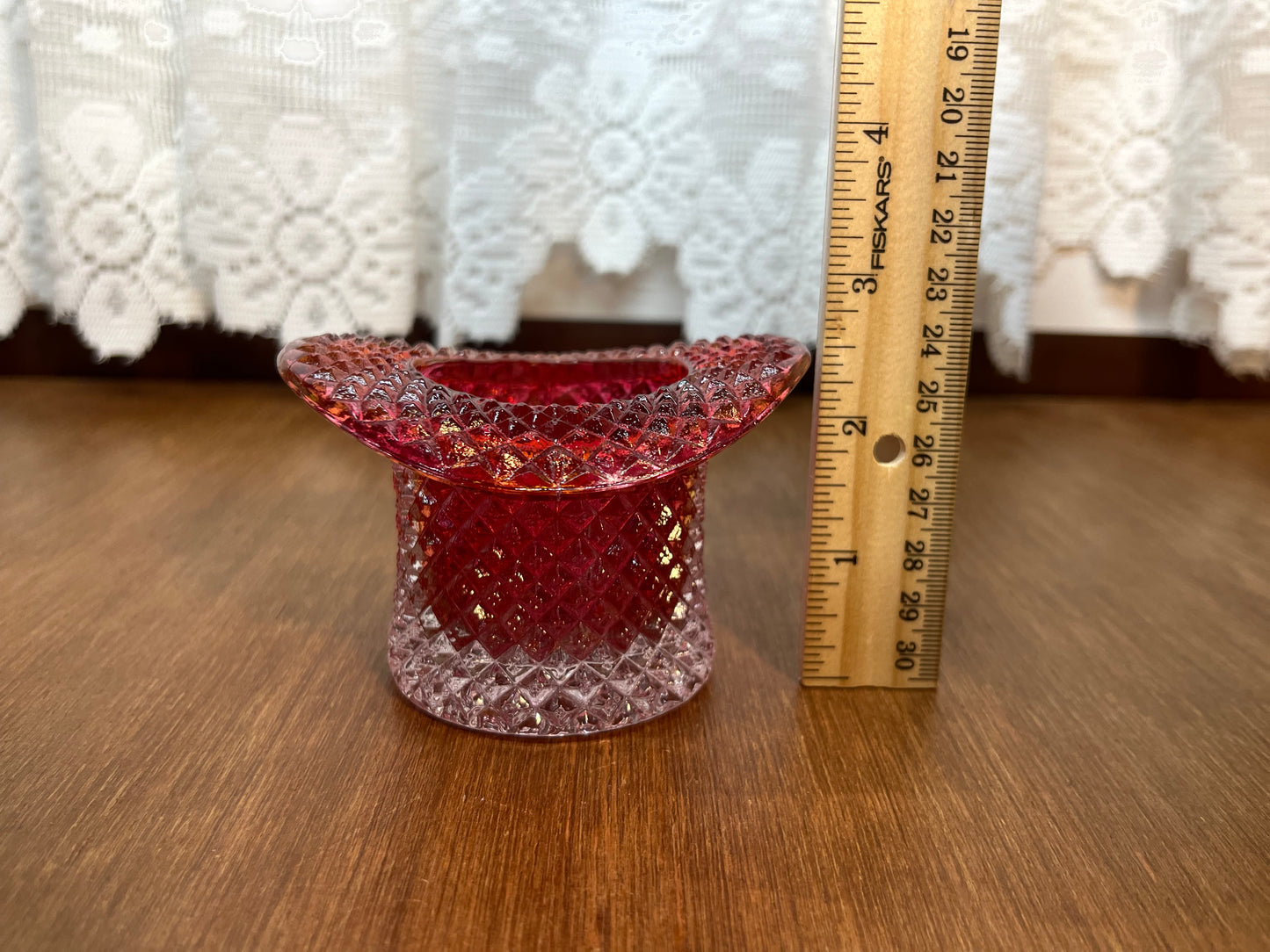 Vintage Red And Clear Diamond Pattern Art Glass Top Hat