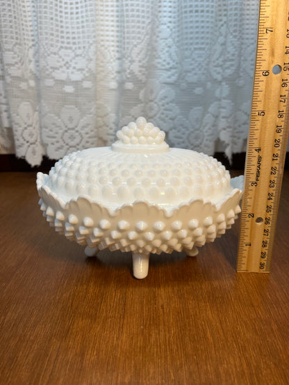 Vintage Milk Glass Hobnail Fenton Oval Covered Candy Bowl