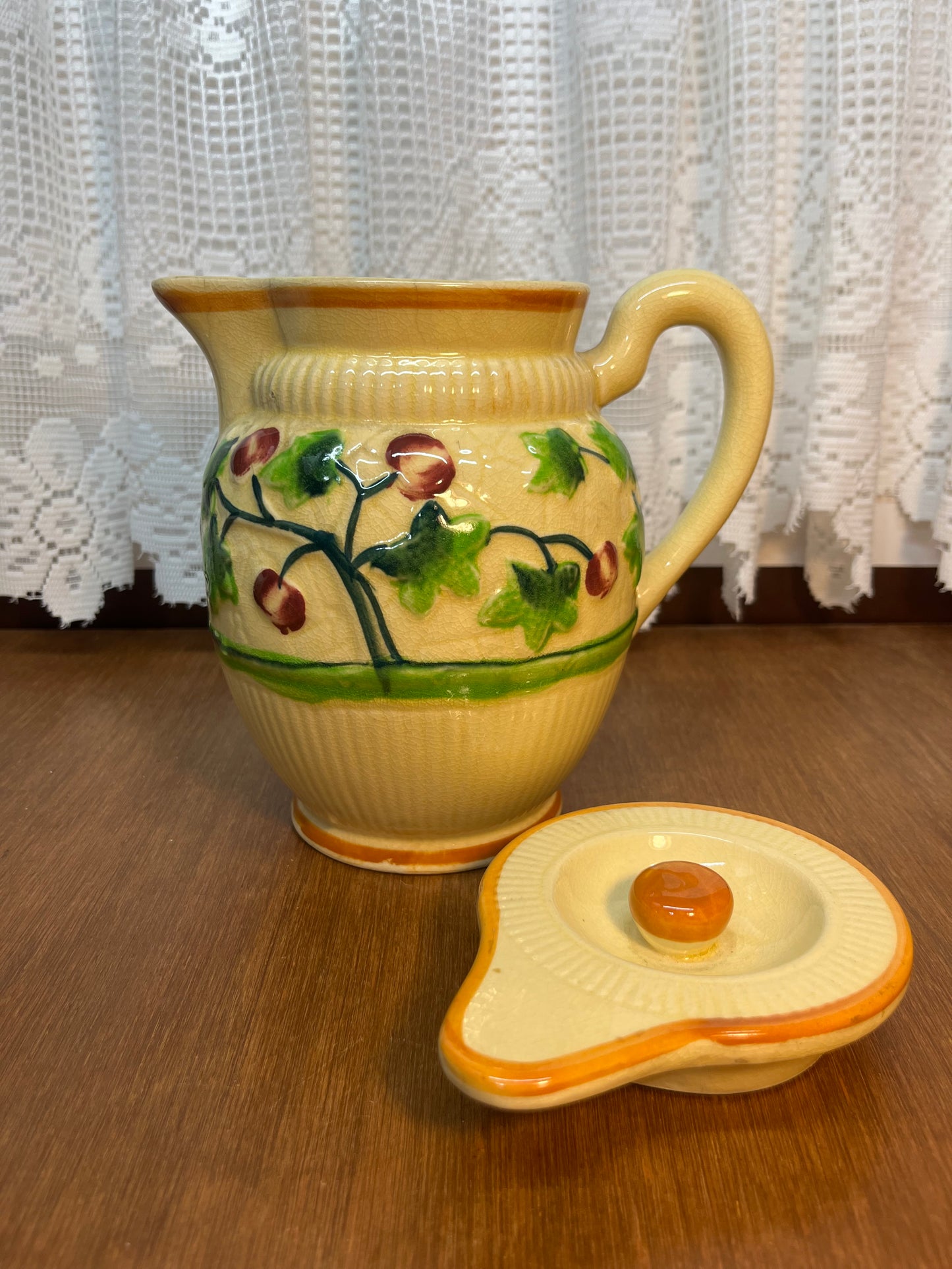 Vintage Uranium Glazed Tree & Apple Design Pitcher