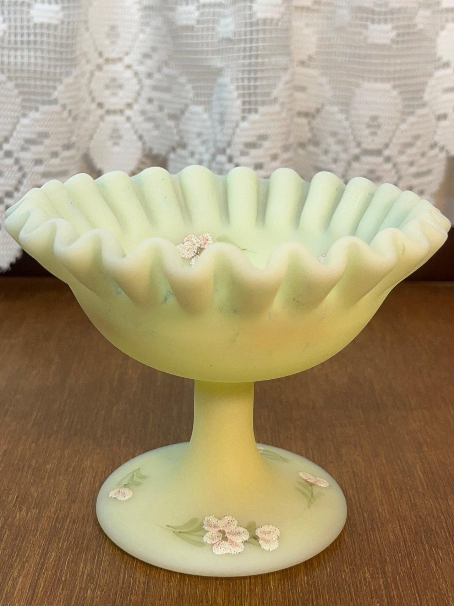 Vintage Uranium Ruffle Top Fenton Embossed Floral Design Pedestal Dish