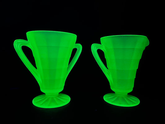 Vintage Frosted Uranium Glass Cream And Sugar Set