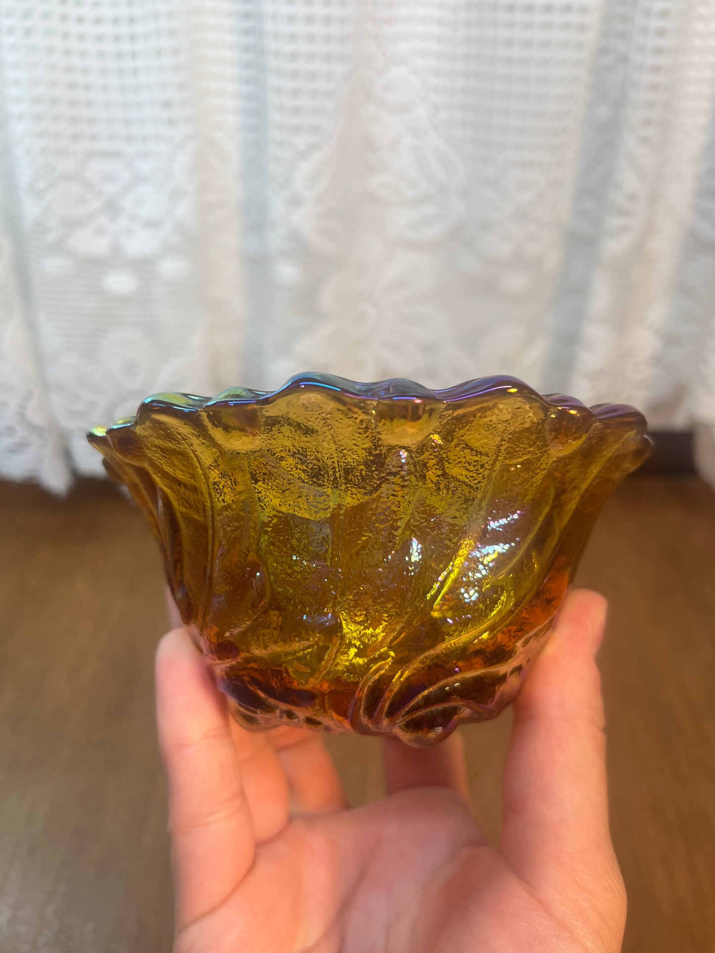 Vintage Indiana Amber Iridescent Carnival Glass Candle Holder