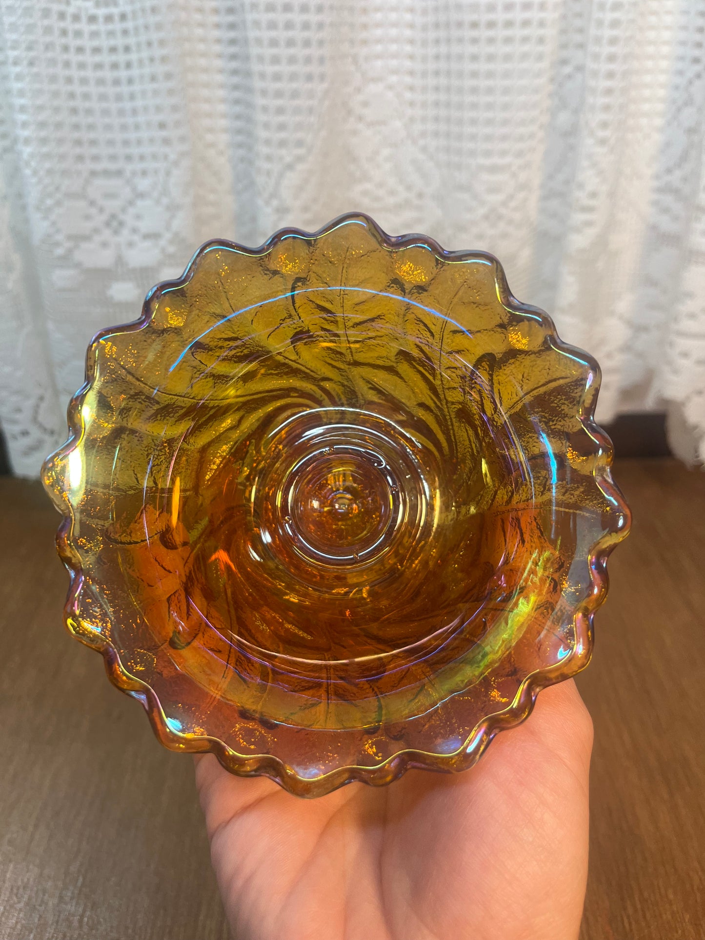 Vintage Indiana Amber Iridescent Carnival Glass Candle Holder