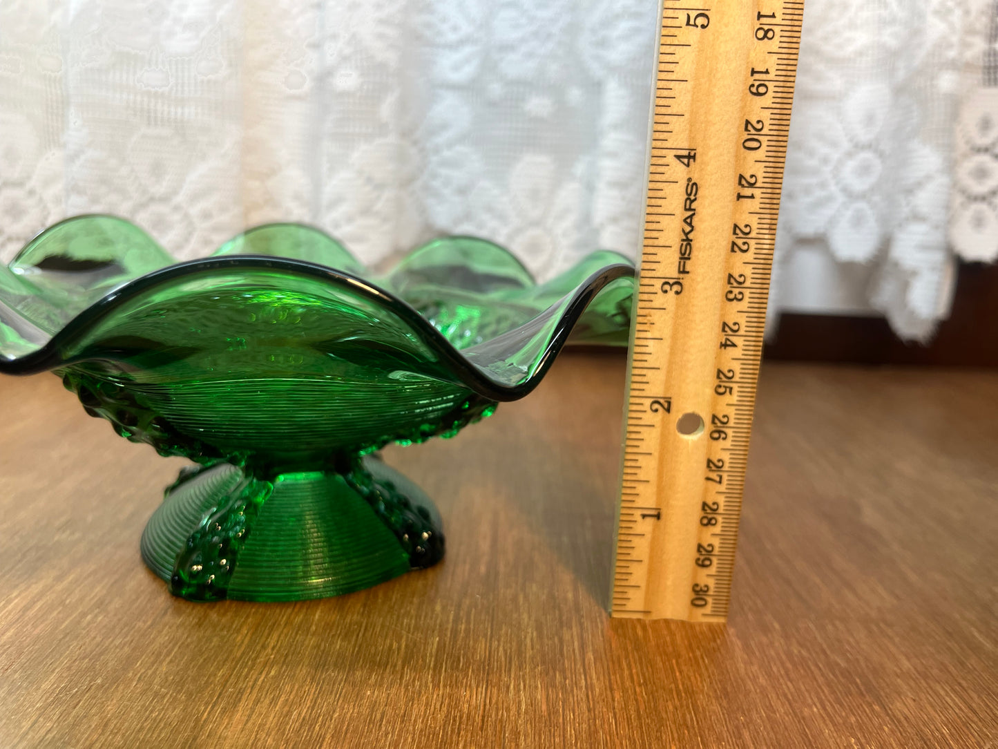 Vintage Emerald Green Ruffle Top Pedestal Dish