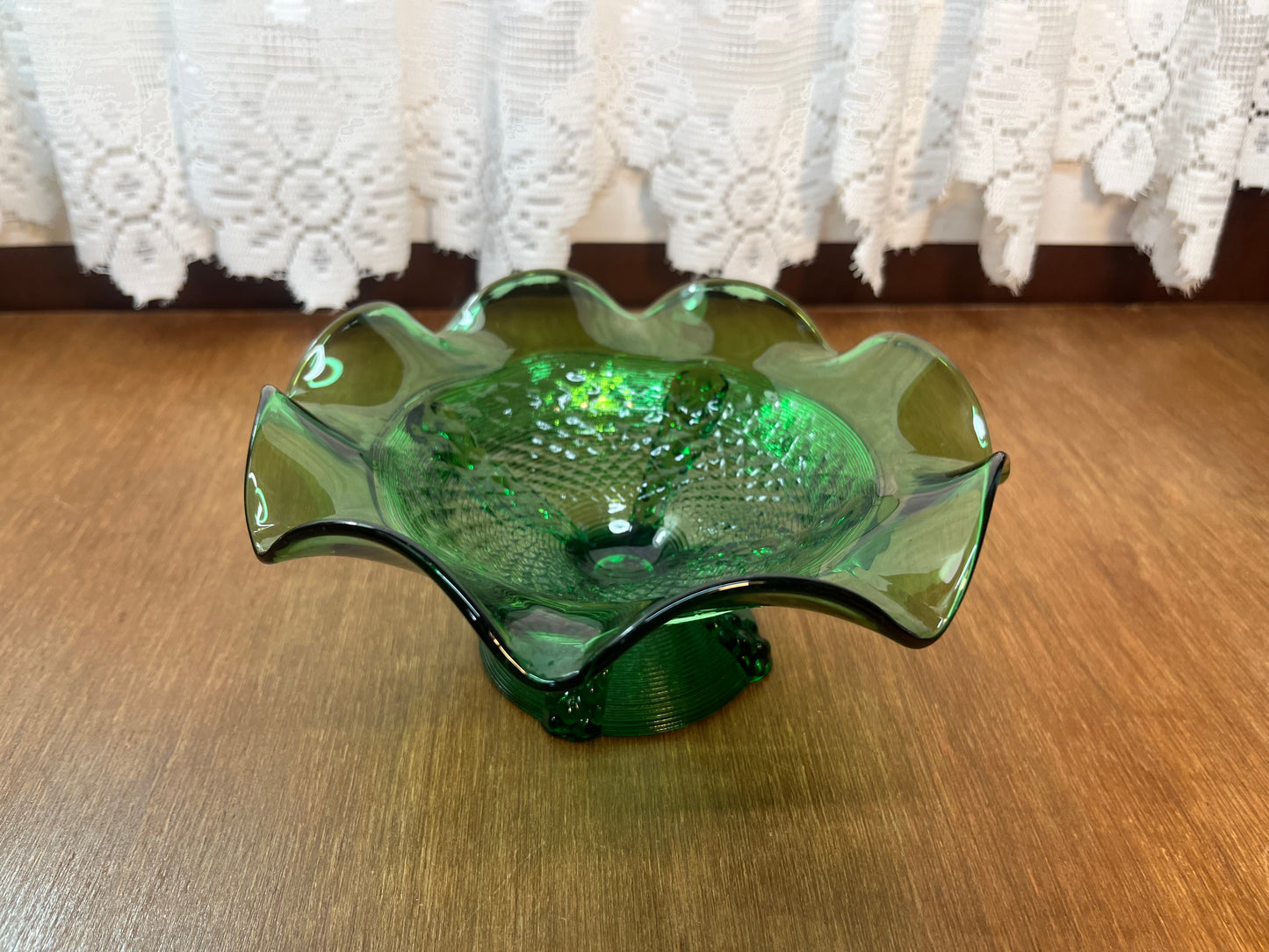 Vintage Emerald Green Ruffle Top Pedestal Dish