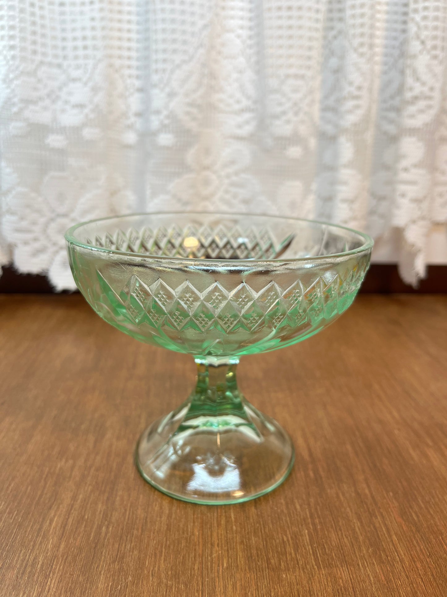 Vintage Uranium Floral Etched Pedestal Dish