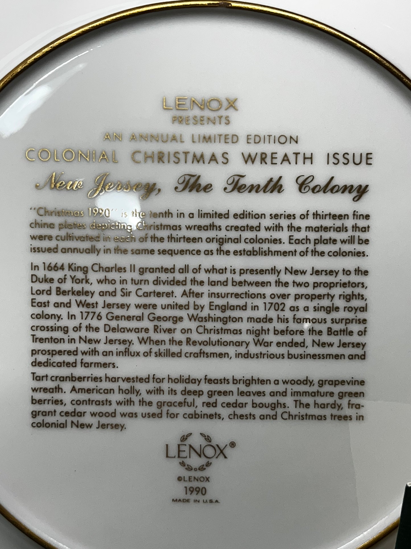 Vintage Collectible Colonial Wreath Series Lenox 1990 Decorative Plate