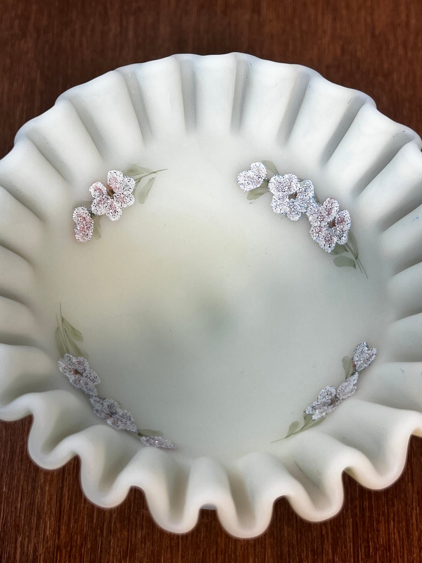 Vintage Uranium Ruffle Top Fenton Embossed Floral Design Pedestal Dish