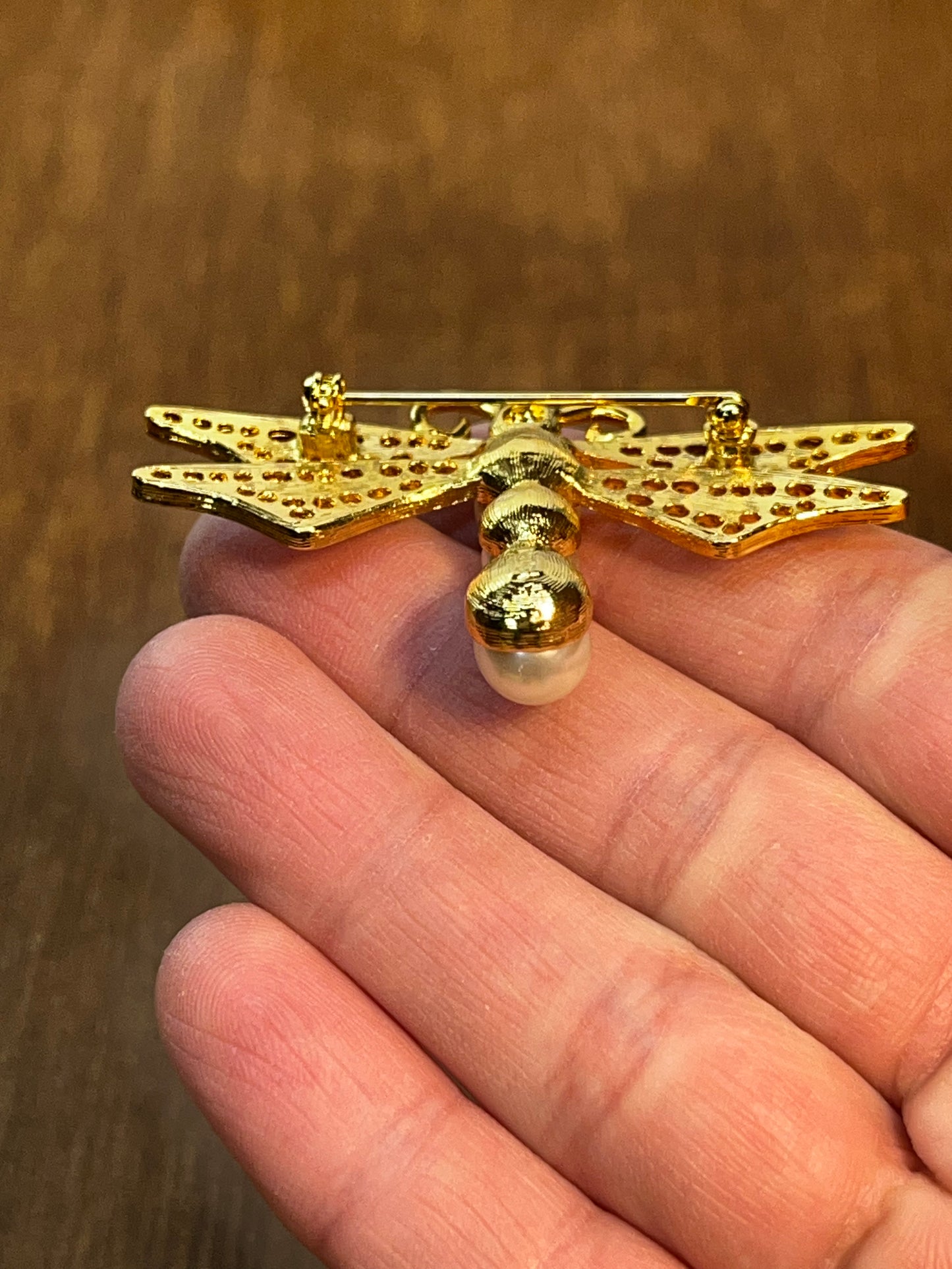 Vintage Gold Tone & Pearl Dragon Fly Brooch