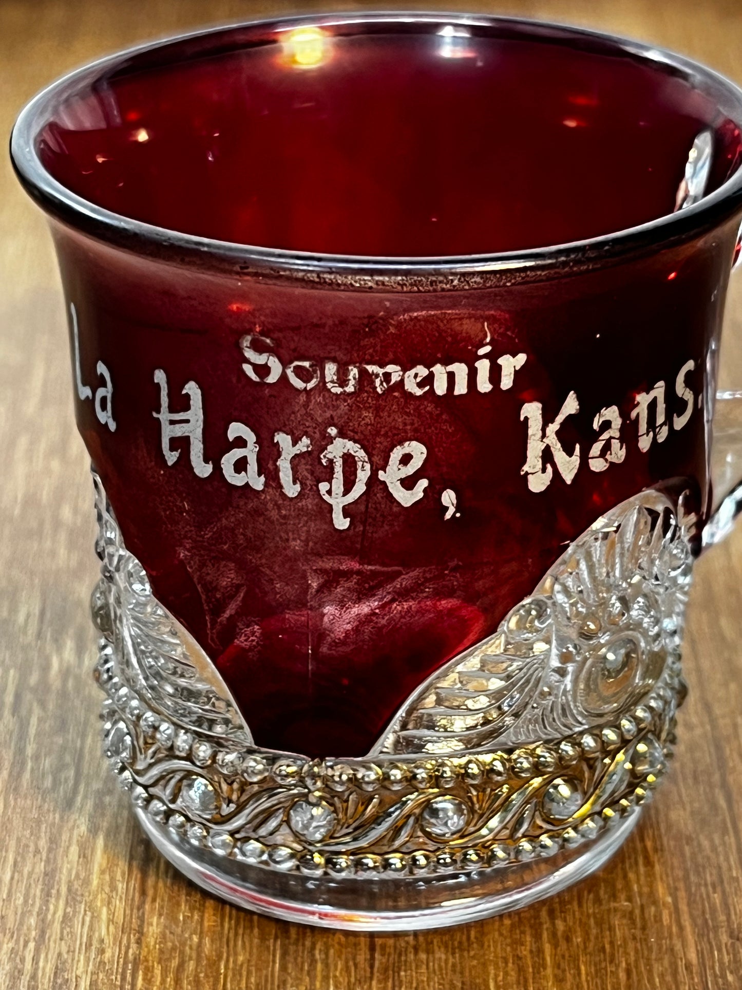 Vintage Collectible Ruby Stained La Harpe, Kansas Souvenir Glass