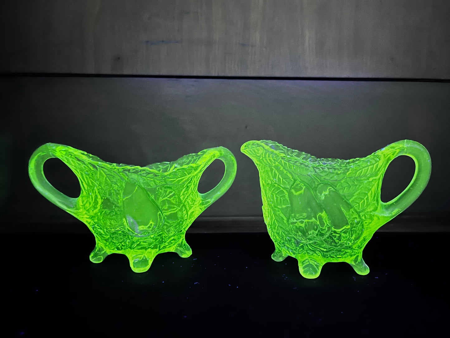 Vintage Sweet Pear Uranium Glass Cream And Sugar Set