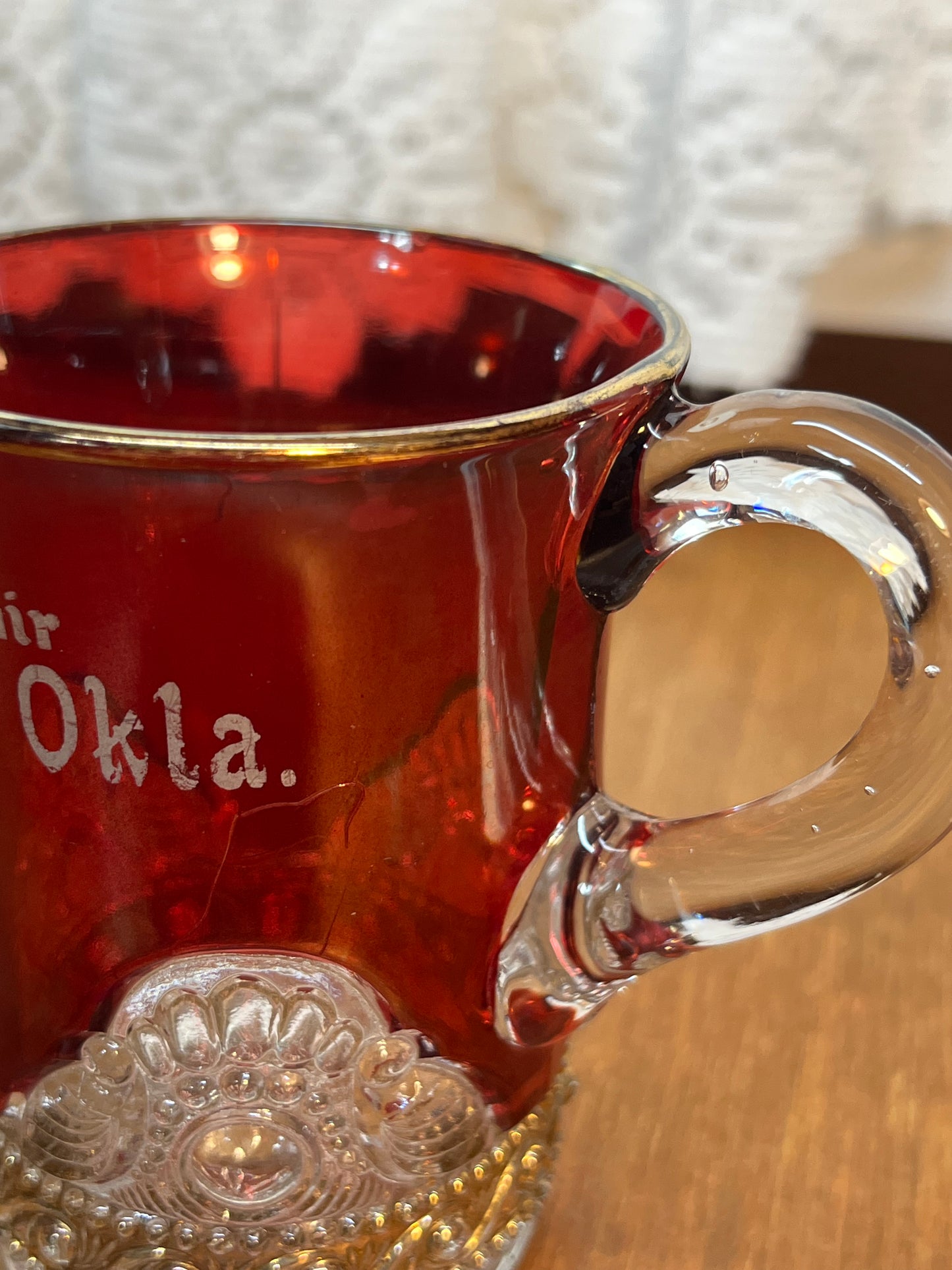 Vintage Collectible Ruby Stained Gold Rim Mutual Oklahoma Souvenir Glass