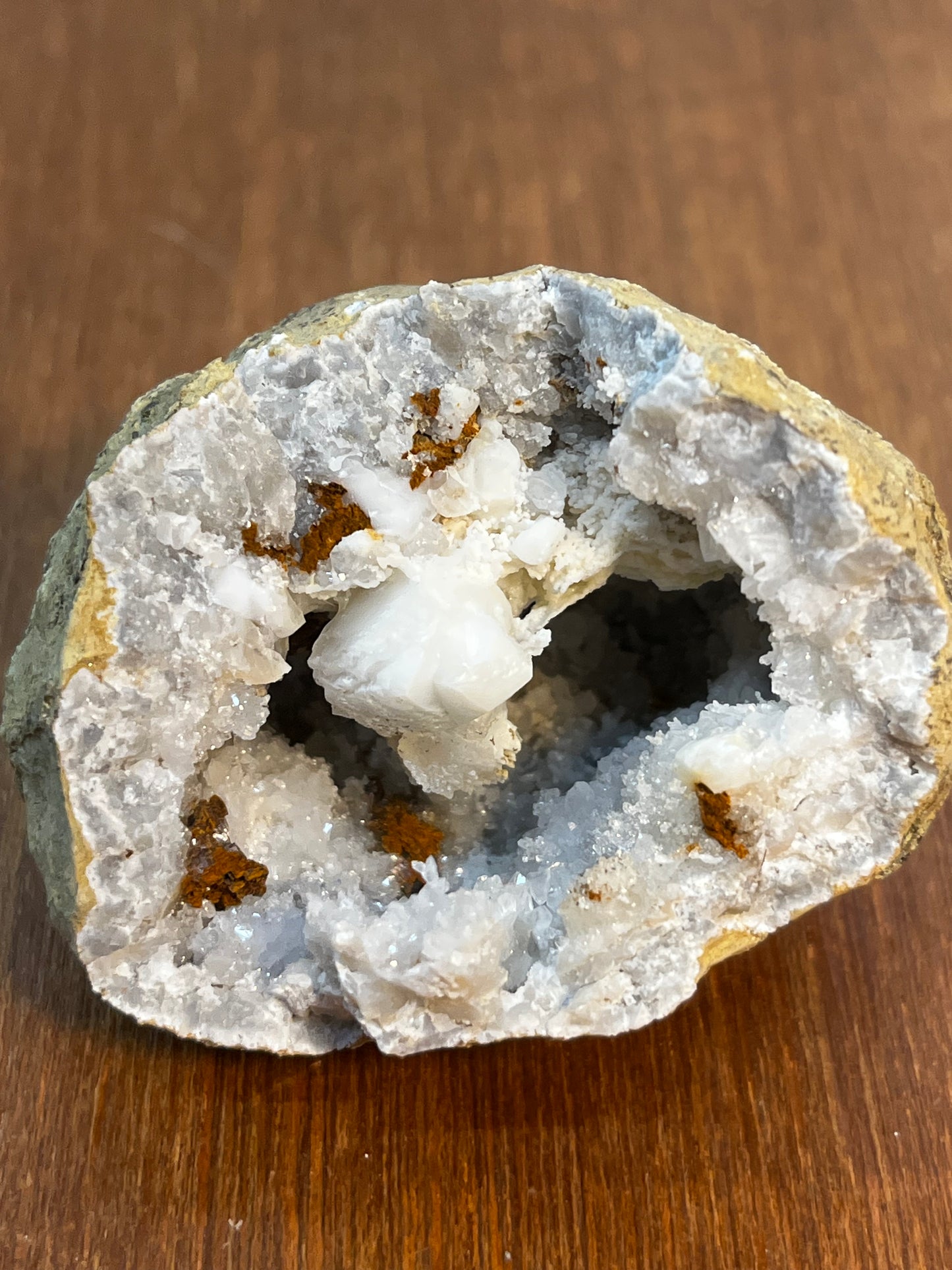 Unique White Geode With Brown & White Minerals And Crystals Inside