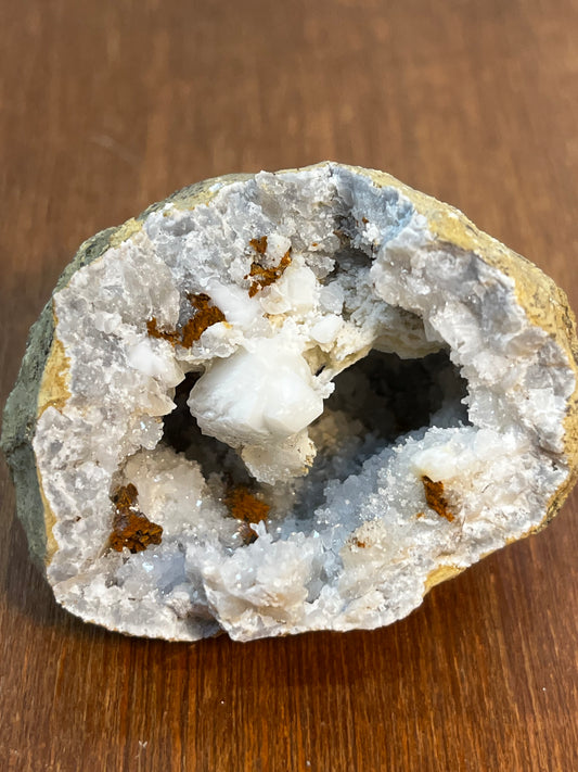 Unique White Geode With Brown & White Minerals And Crystals Inside