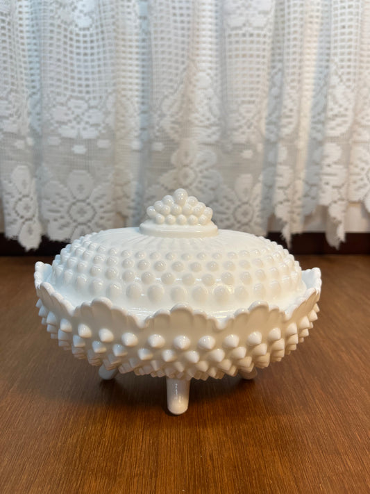 Vintage Milk Glass Hobnail Fenton Oval Covered Candy Bowl