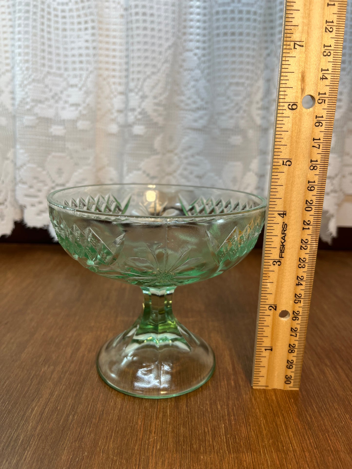 Vintage Uranium Floral Etched Pedestal Dish