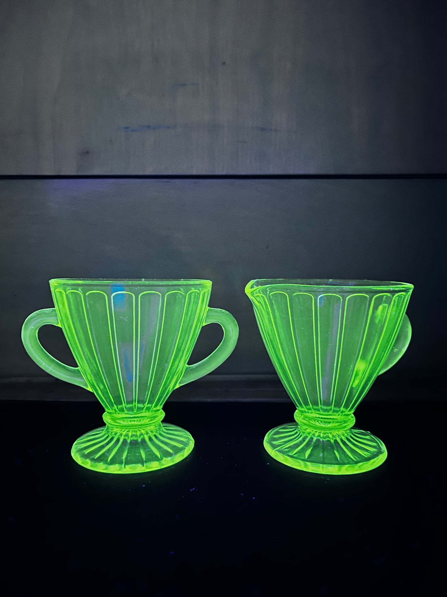 Vintage Panel Pattern Uranium Glass Cream And Sugar Set