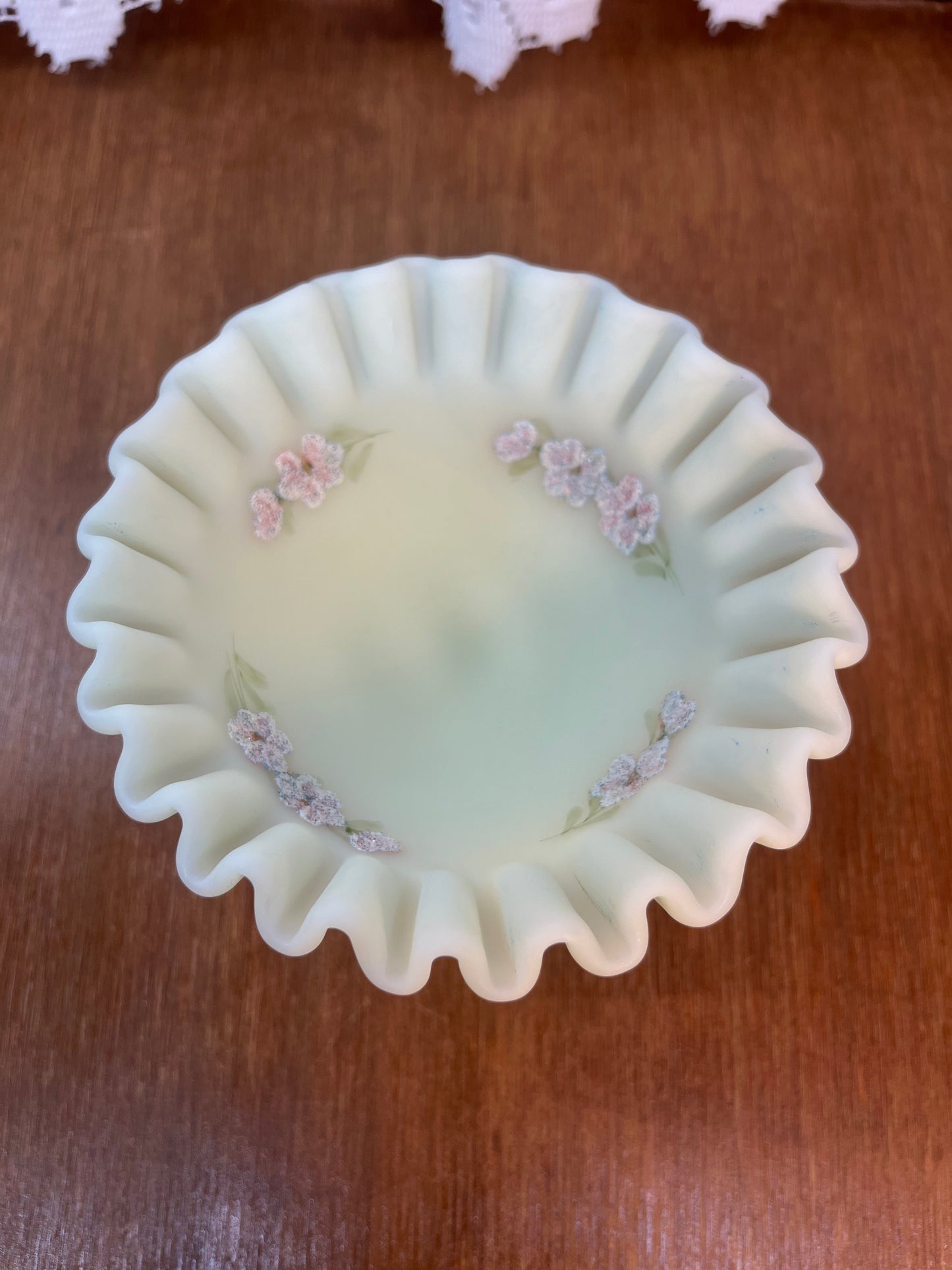 Vintage Uranium Ruffle Top Fenton Embossed Floral Design Pedestal Dish