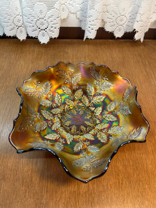 Vintage Holly And Berries Fenton Iridescent Carnival Glass Ruffle Top Bowl