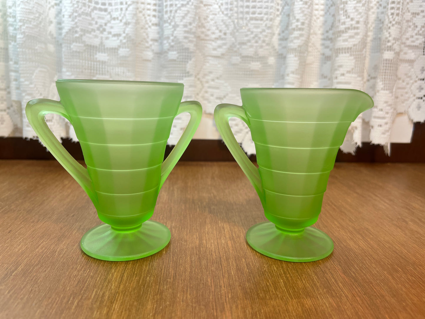 Vintage Frosted Uranium Glass Cream And Sugar Set