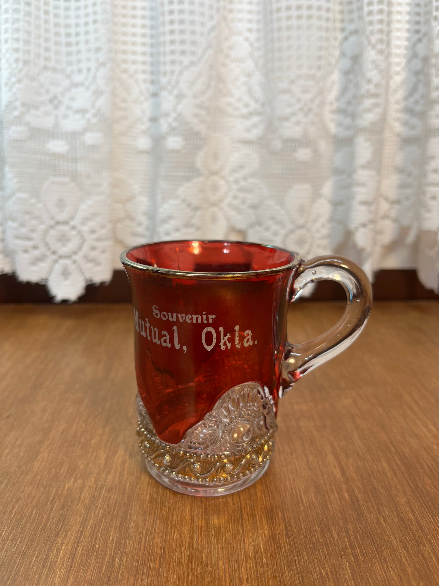 Vintage Collectible Ruby Stained Gold Rim Mutual Oklahoma Souvenir Glass