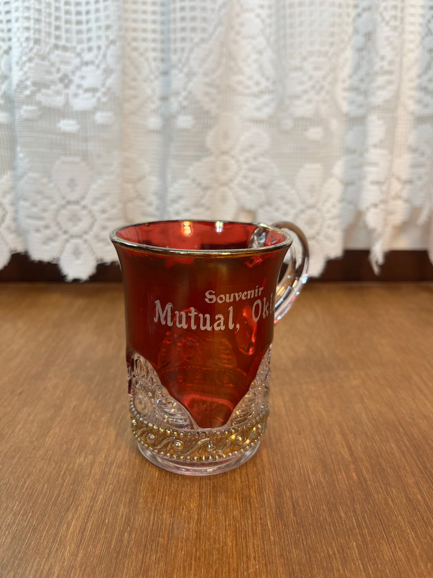 Vintage Collectible Ruby Stained Gold Rim Mutual Oklahoma Souvenir Glass