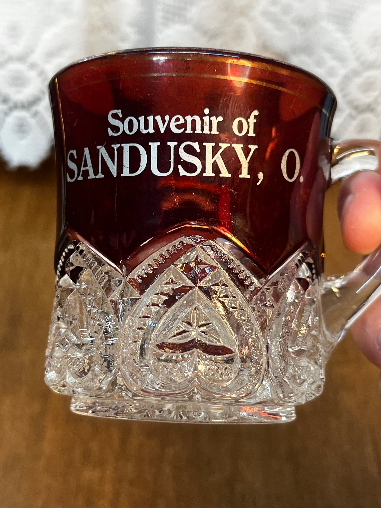 Vintage Collectible Ruby Stained Sandusky, Ohio Souvenir Glass