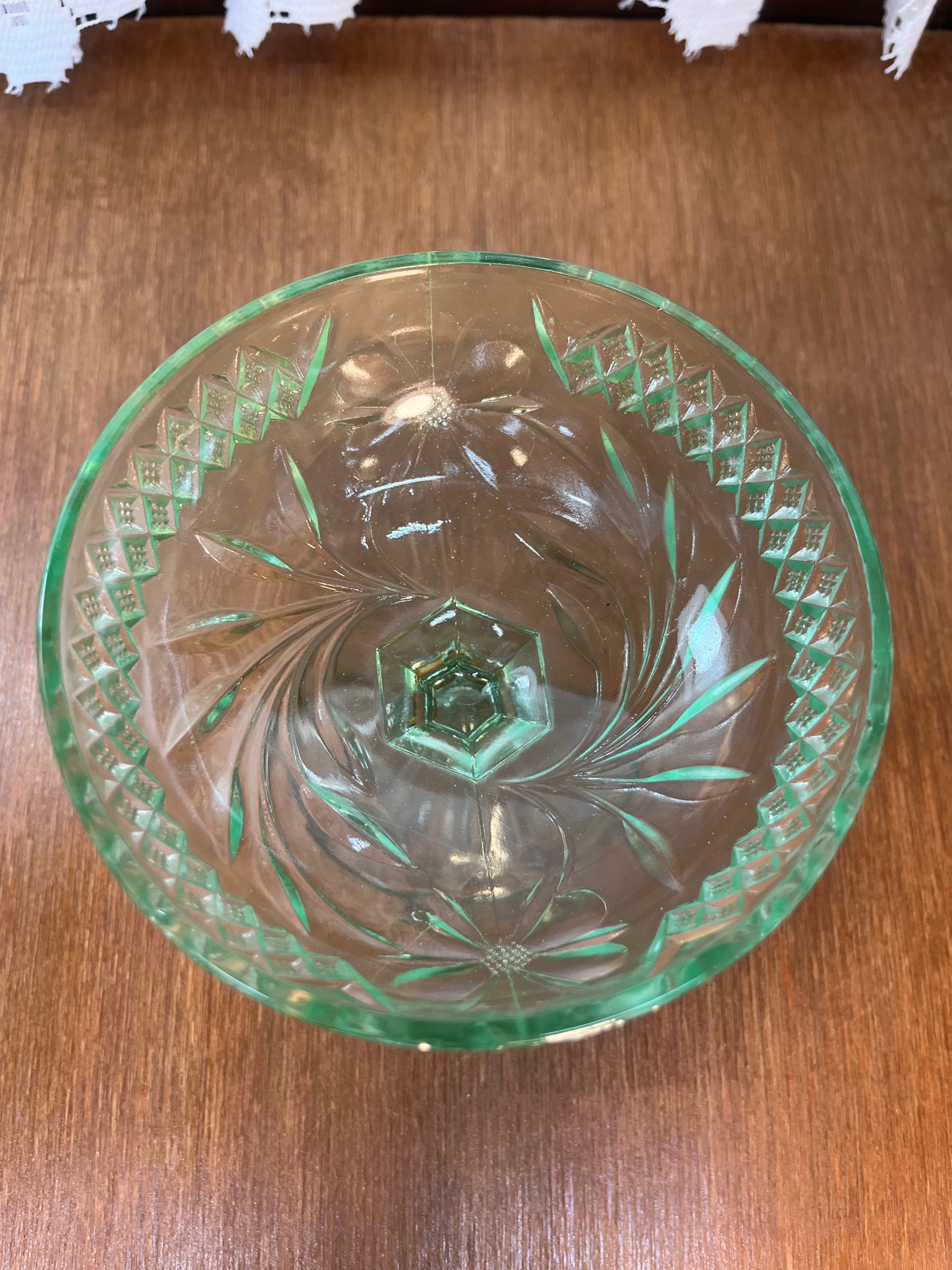 Vintage Uranium Floral Etched Pedestal Dish