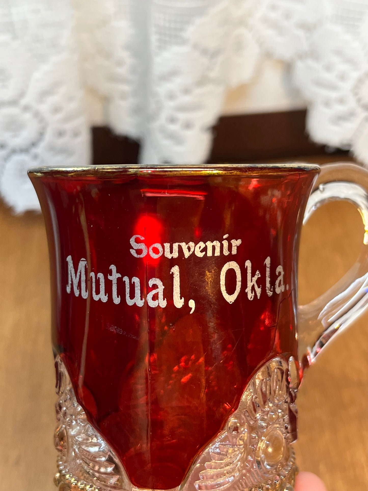 Vintage Collectible Ruby Stained Gold Rim Mutual Oklahoma Souvenir Glass