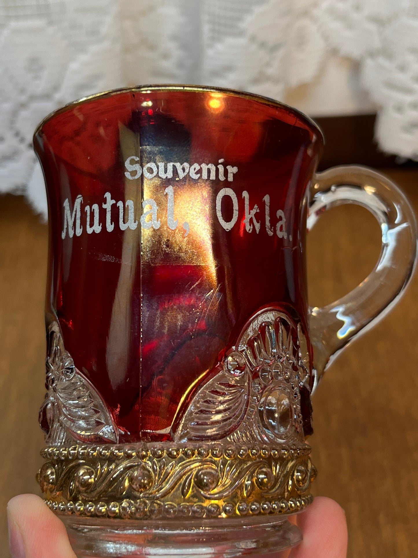 Vintage Collectible Ruby Stained Gold Rim Mutual Oklahoma Souvenir Glass