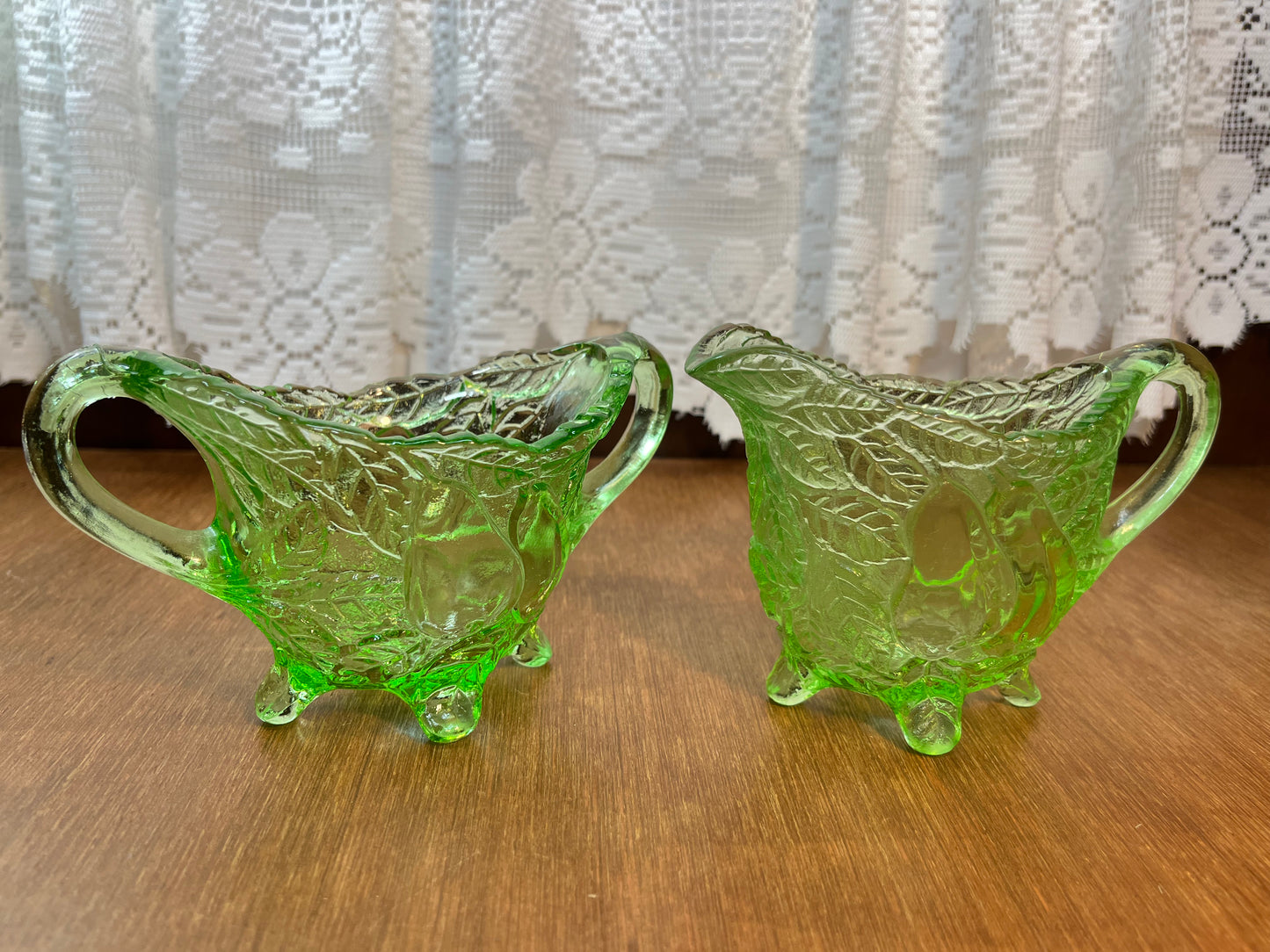 Vintage Sweet Pear Uranium Glass Cream And Sugar Set